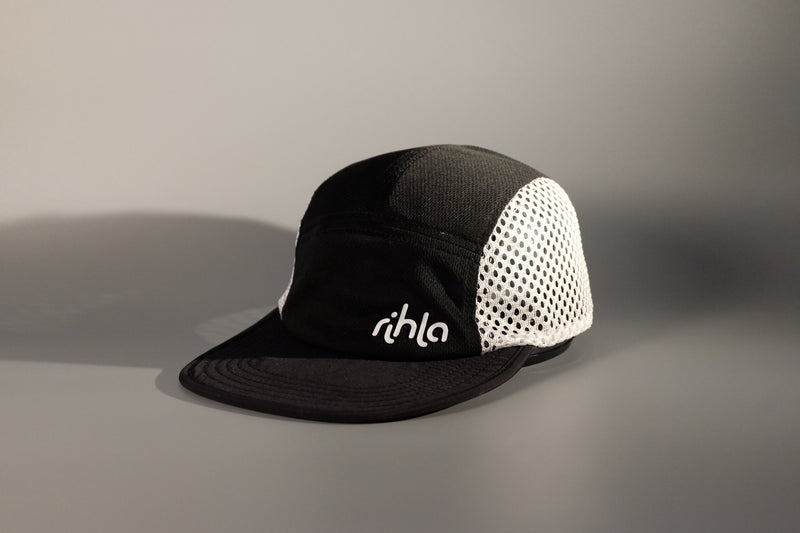 rihla black and white running cap - front side of cap